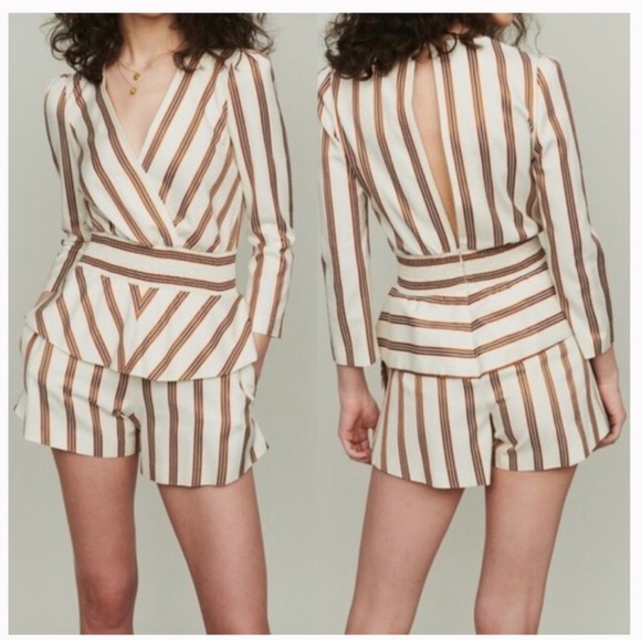Maje Pants - Maje Rayure Leni Striped Peplum Smocked Romper